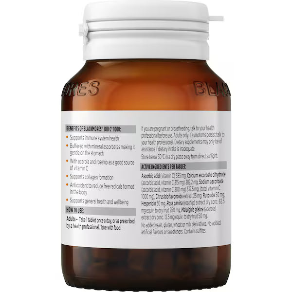 Blackmores Bio C 1000mg Vitamin C Immune Support Tablets 62 pack with a white bottle, showcasing the product label and packaging design.
