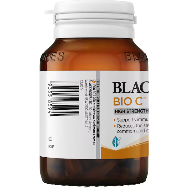 Blackmores Bio C 1000mg Vitamin C Immune Support Tablets 62 pack with a white bottle, showcasing the product label and packaging design.