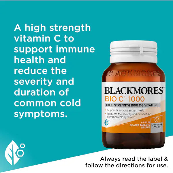 Blackmores Bio C 1000mg Vitamin C Immune Support Tablets 62 pack with a white bottle, showcasing the product label and packaging design.