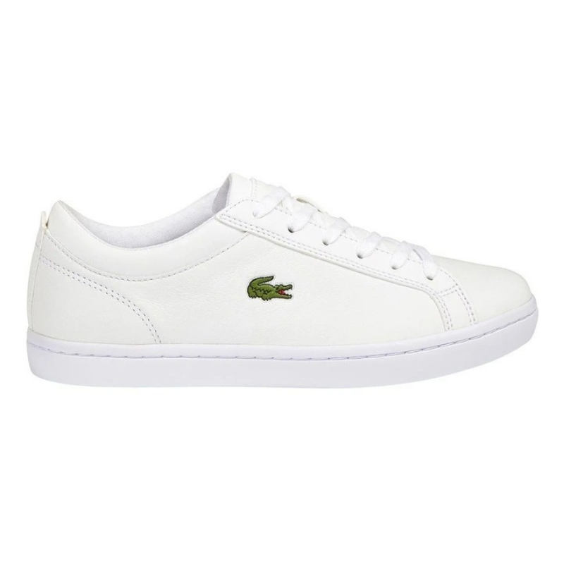 Lacoste Straightset BL I White leather sneaker with quilted collar, mesh lining, and green crocodile branding.