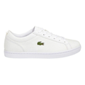Lacoste Straightset BL I White leather sneaker with quilted collar, mesh lining, and green crocodile branding.