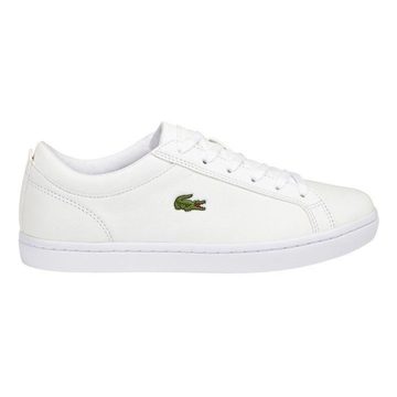 Lacoste Straightset BL I White leather sneaker with quilted collar, mesh lining, and green crocodile branding.