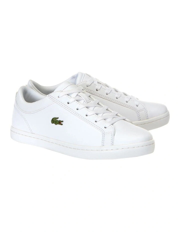 Lacoste Straightset BL I White leather sneaker with quilted collar, mesh lining, and green crocodile branding.