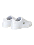 Lacoste Straightset BL I White leather sneaker with quilted collar, mesh lining, and green crocodile branding.