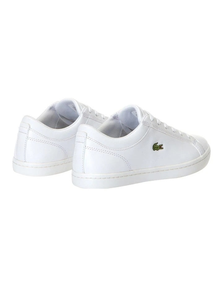 Lacoste Straightset BL I White leather sneaker with quilted collar, mesh lining, and green crocodile branding.