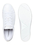 Lacoste Straightset BL I White leather sneaker with quilted collar, mesh lining, and green crocodile branding.