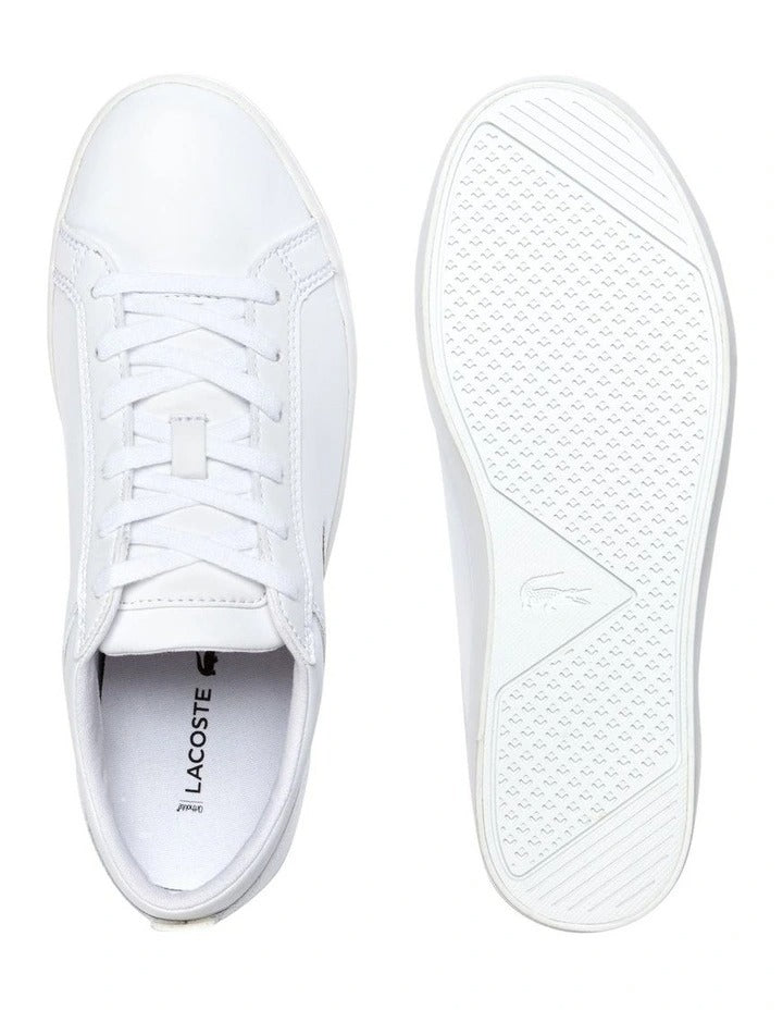 Lacoste Straightset BL I White leather sneaker with quilted collar, mesh lining, and green crocodile branding.