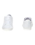 Lacoste Straightset BL I White leather sneaker with quilted collar, mesh lining, and green crocodile branding.