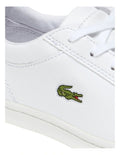 Lacoste Straightset BL I White leather sneaker with quilted collar, mesh lining, and green crocodile branding.