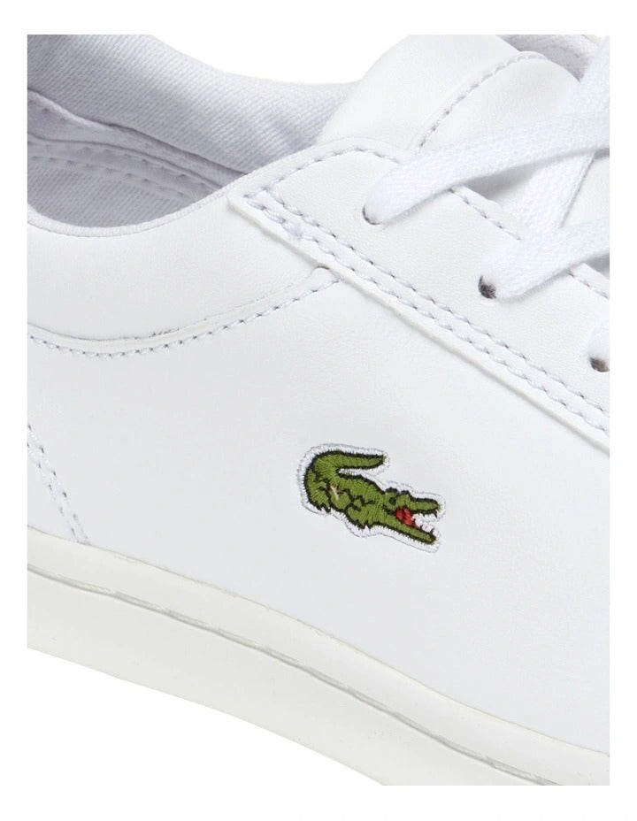 Lacoste Straightset BL I White leather sneaker with quilted collar, mesh lining, and green crocodile branding.