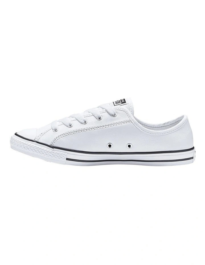 Converse Chuck Taylor All Star Dainty Leather Low Top Sneaker in White, featuring a sleek leather design and low-profile silhouette for a minimalist, stylish look.