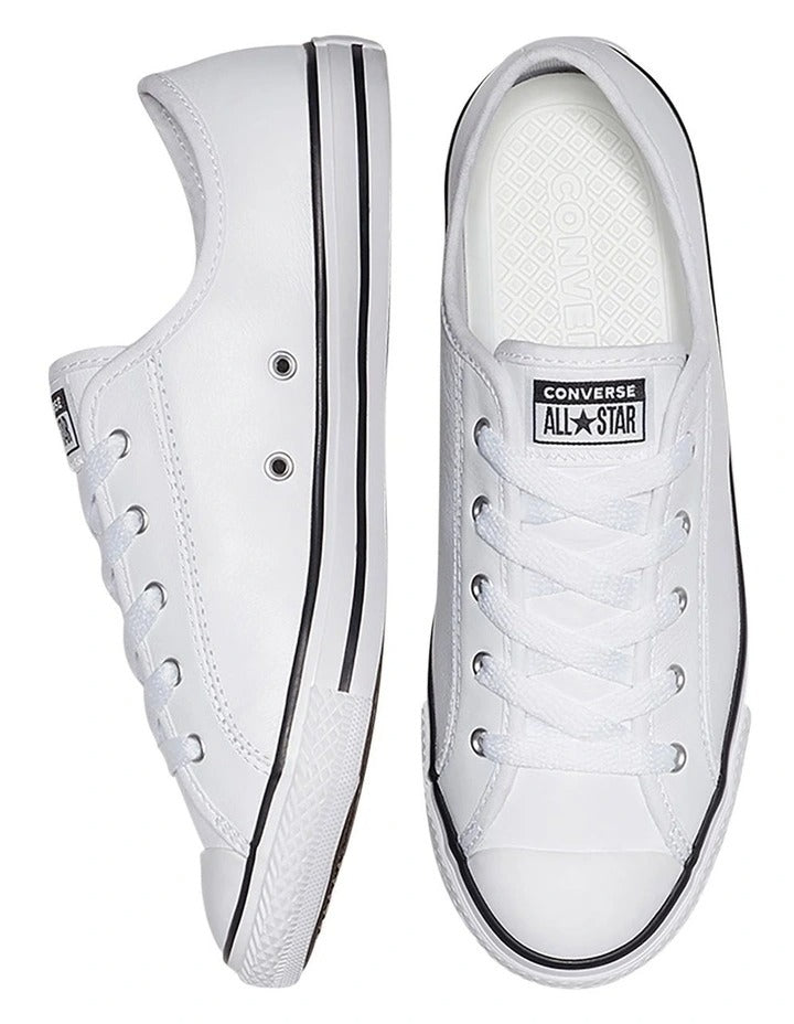 Converse Chuck Taylor All Star Dainty Leather Low Top Sneaker in White, featuring a sleek leather design and low-profile silhouette for a minimalist, stylish look.