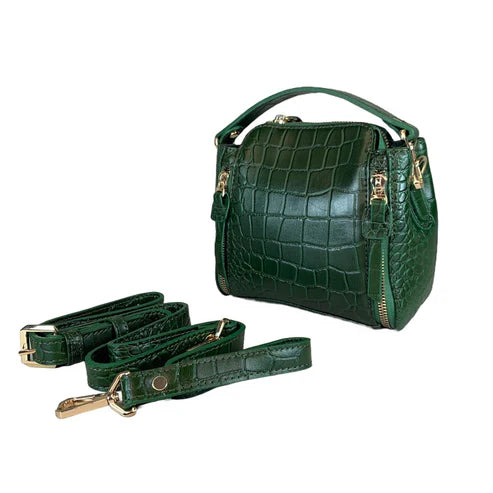 LeatherLuxe green crocodile-style mini handbag made of premium leather, featuring a sleek shoulder and crossbody strap — luxury designer accessory for women.