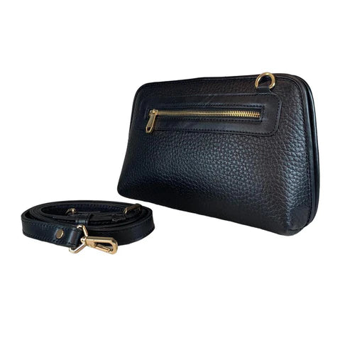 LeatherLuxe black leather clutch and crossbody shoulder bag for women – elegant, minimalist design with premium finish