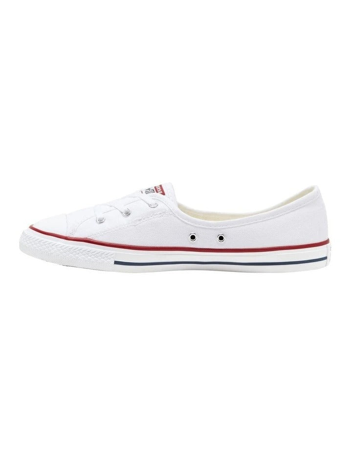 Converse Chuck Taylor All Star Ballet Lace Optical Sneaker in White, featuring a clean, low-profile design with ballet-inspired laces for a chic, feminine look.