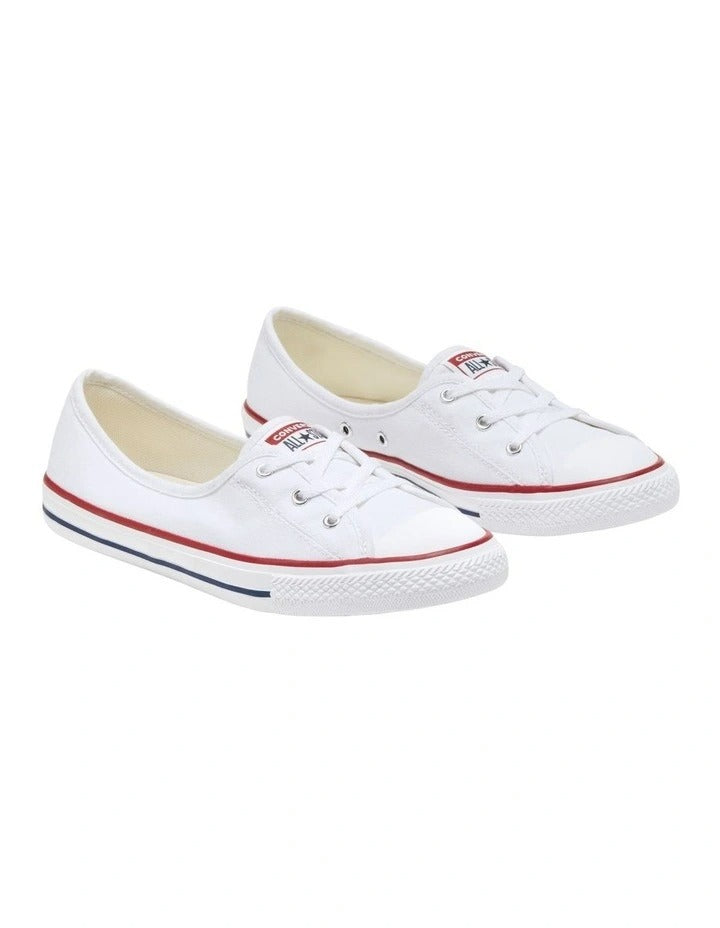 Converse Chuck Taylor All Star Ballet Lace Optical Sneaker in White, featuring a clean, low-profile design with ballet-inspired laces for a chic, feminine look.