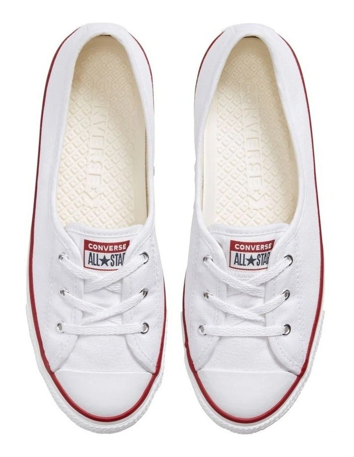 Converse Chuck Taylor All Star Ballet Lace Optical Sneaker in White, featuring a clean, low-profile design with ballet-inspired laces for a chic, feminine look.