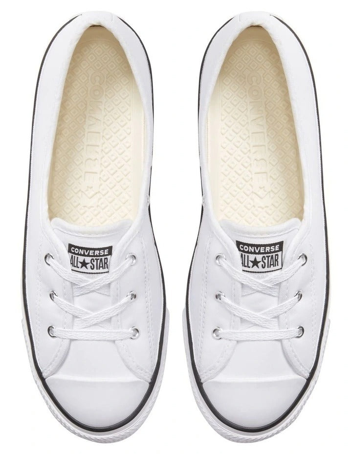 Converse Chuck Taylor All Star Ballet Lace Sneaker in White, offering a sleek, low-profile design with ballet-inspired laces for a feminine touch.