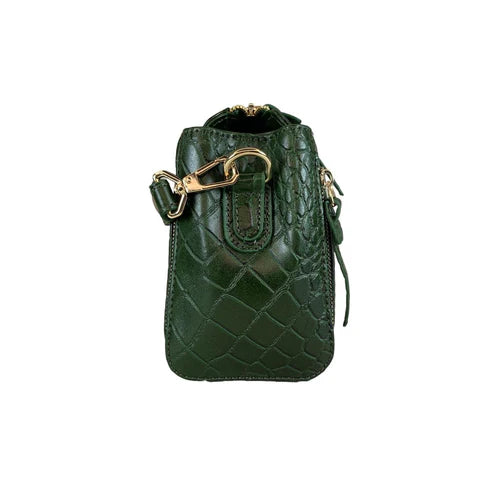 LeatherLuxe green crocodile-style mini handbag made of premium leather, featuring a sleek shoulder and crossbody strap — luxury designer accessory for women.