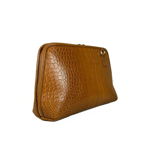 Light brown leather clutch bag with crocodile-style texture, crossbody shoulder strap, and elegant design — LeatherLuxe women’s handbag.