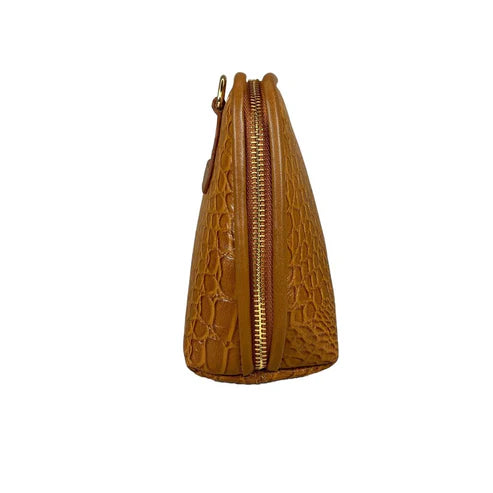 Light brown leather clutch bag with crocodile-style texture, crossbody shoulder strap, and elegant design — LeatherLuxe women’s handbag.
