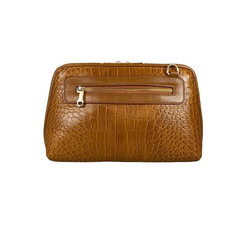 Light brown leather clutch bag with crocodile-style texture, crossbody shoulder strap, and elegant design — LeatherLuxe women’s handbag.