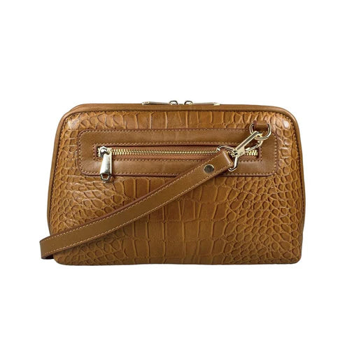 Light brown leather clutch bag with crocodile-style texture, crossbody shoulder strap, and elegant design — LeatherLuxe women’s handbag.