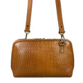 Light brown leather clutch bag with crocodile-style texture, crossbody shoulder strap, and elegant design — LeatherLuxe women’s handbag.