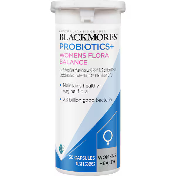 Blackmores Probiotics+ Women's Flora Balance Vitamin Capsules 30 pack – Supports digestive health and feminine balance with probiotics for women.