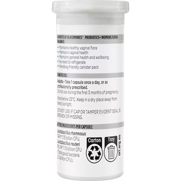 Blackmores Probiotics+ Women's Flora Balance Vitamin Capsules 30 pack – Supports digestive health and feminine balance with probiotics for women.