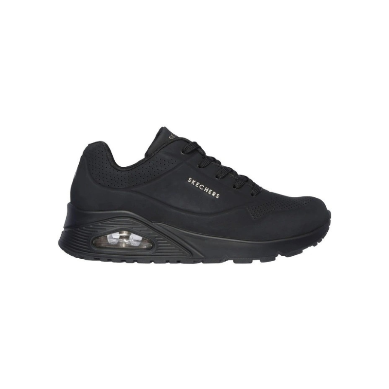 Skechers Uno Stand On Air Leather Sneaker in Black with cushioned comfort and stylish modern design