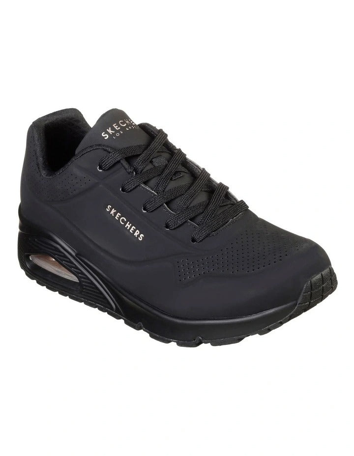 Skechers Uno Stand On Air Leather Sneaker in Black with cushioned comfort and stylish modern design