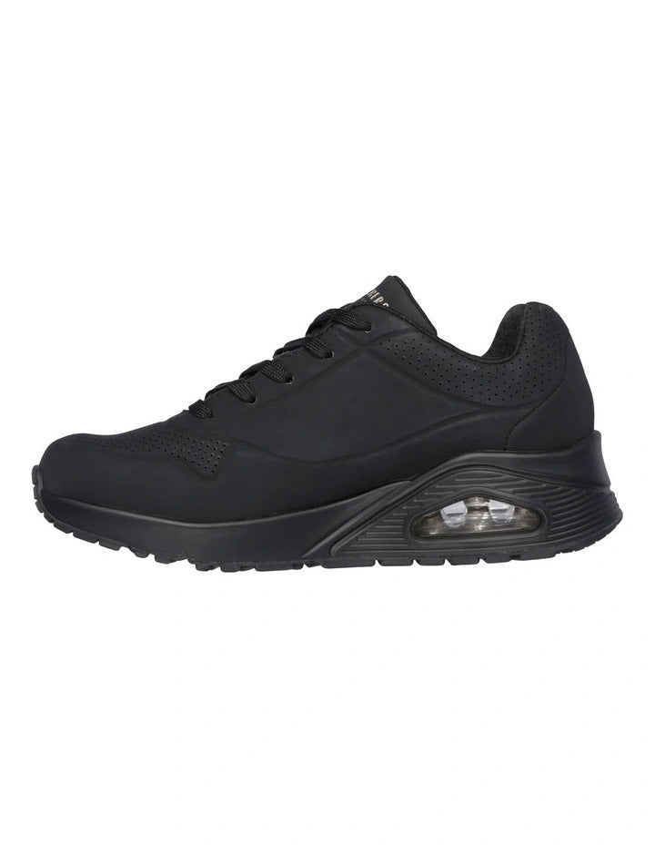 Skechers Uno Stand On Air Leather Sneaker in Black with cushioned comfort and stylish modern design