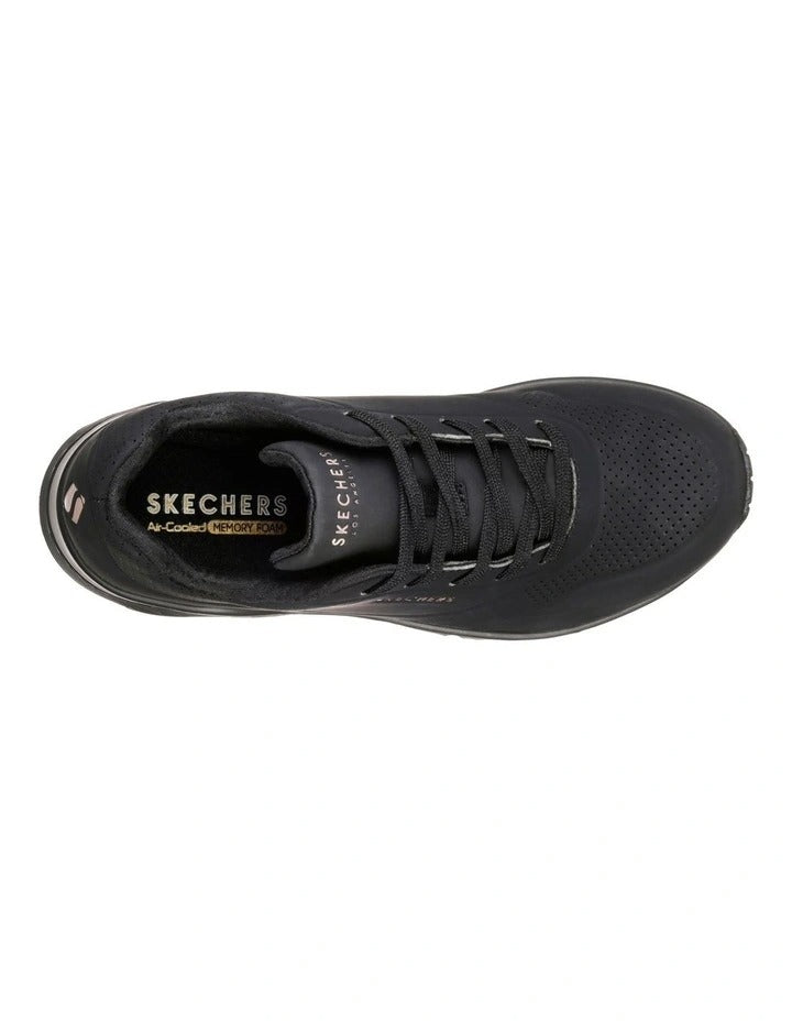 Skechers Uno Stand On Air Leather Sneaker in Black with cushioned comfort and stylish modern design