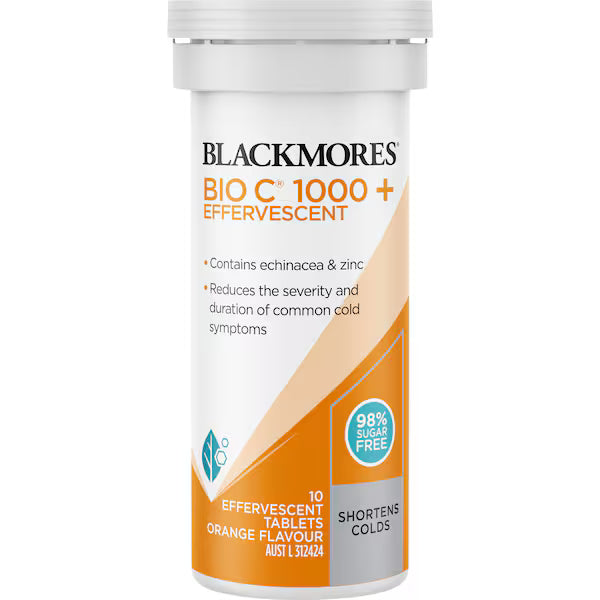 Blackmores Bio C 1000mg Echinacea + Zinc Vitamin C Effervescent Tablets 10 pack — immune support supplement with natural citrus flavor, boosting immunity and overall wellness.