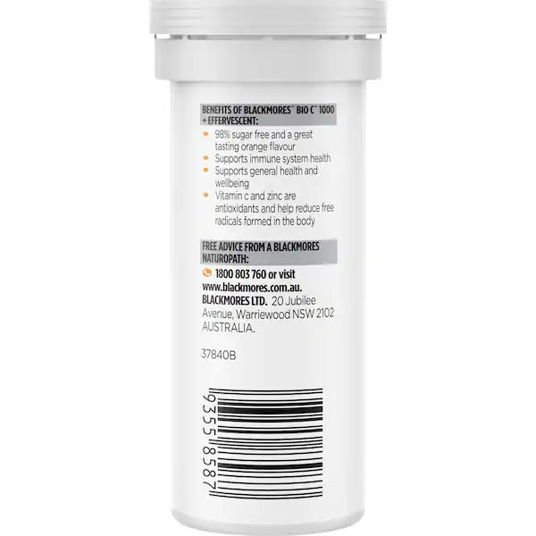 Blackmores Bio C 1000mg Echinacea + Zinc Vitamin C Effervescent Tablets 10 pack — immune support supplement with natural citrus flavor, boosting immunity and overall wellness.