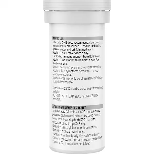 Blackmores Bio C 1000mg Echinacea + Zinc Vitamin C Effervescent Tablets 10 pack — immune support supplement with natural citrus flavor, boosting immunity and overall wellness.
