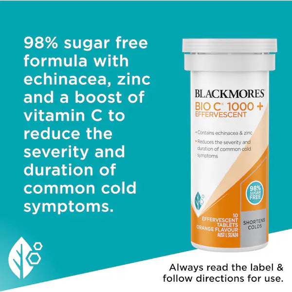 Blackmores Bio C 1000mg Echinacea + Zinc Vitamin C Effervescent Tablets 10 pack — immune support supplement with natural citrus flavor, boosting immunity and overall wellness.