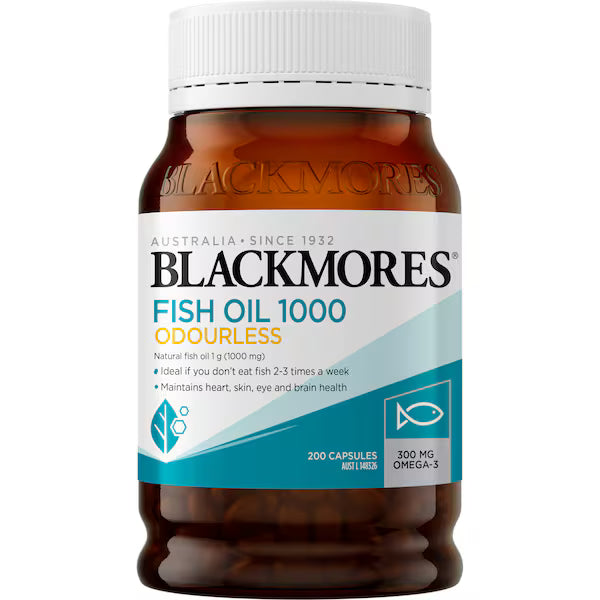 Blackmores Odourless Fish Oil 1000mg Omega-3 Capsules 200 pack bottle – premium omega-3 supplement supporting heart, brain, and joint health.