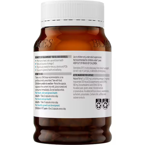 Blackmores Odourless Fish Oil 1000mg Omega-3 Capsules 200 pack bottle – premium omega-3 supplement supporting heart, brain, and joint health.