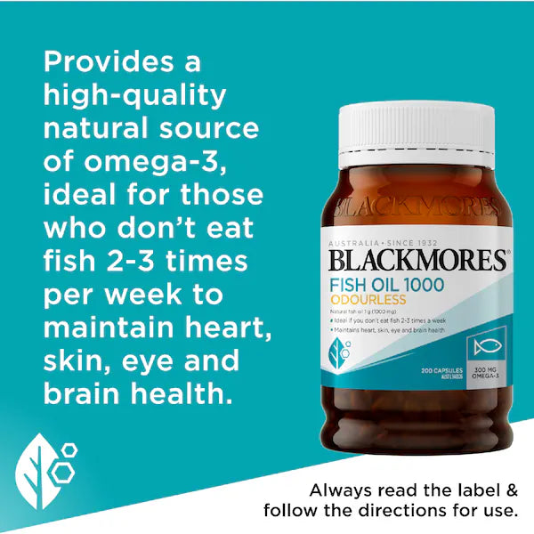 Blackmores Odourless Fish Oil 1000mg Omega-3 Capsules 200 pack bottle – premium omega-3 supplement supporting heart, brain, and joint health.