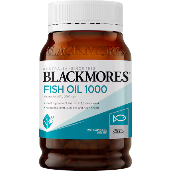 Blackmores Fish Oil 1000mg Omega-3 Capsules 200 pack, front view showcasing the packaging of the supplement, highlighting the product's size, dosage, and branding.