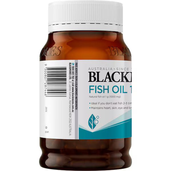 Blackmores Fish Oil 1000mg Omega-3 Capsules 200 pack, front view showcasing the packaging of the supplement, highlighting the product's size, dosage, and branding.