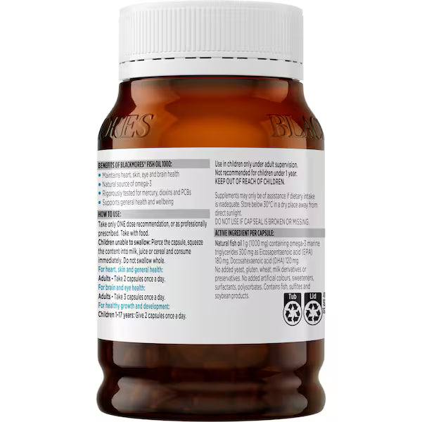 Blackmores Fish Oil 1000mg Omega-3 Capsules 200 pack, front view showcasing the packaging of the supplement, highlighting the product's size, dosage, and branding.