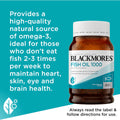 Blackmores Fish Oil 1000mg Omega-3 Capsules 200 pack, front view showcasing the packaging of the supplement, highlighting the product's size, dosage, and branding.