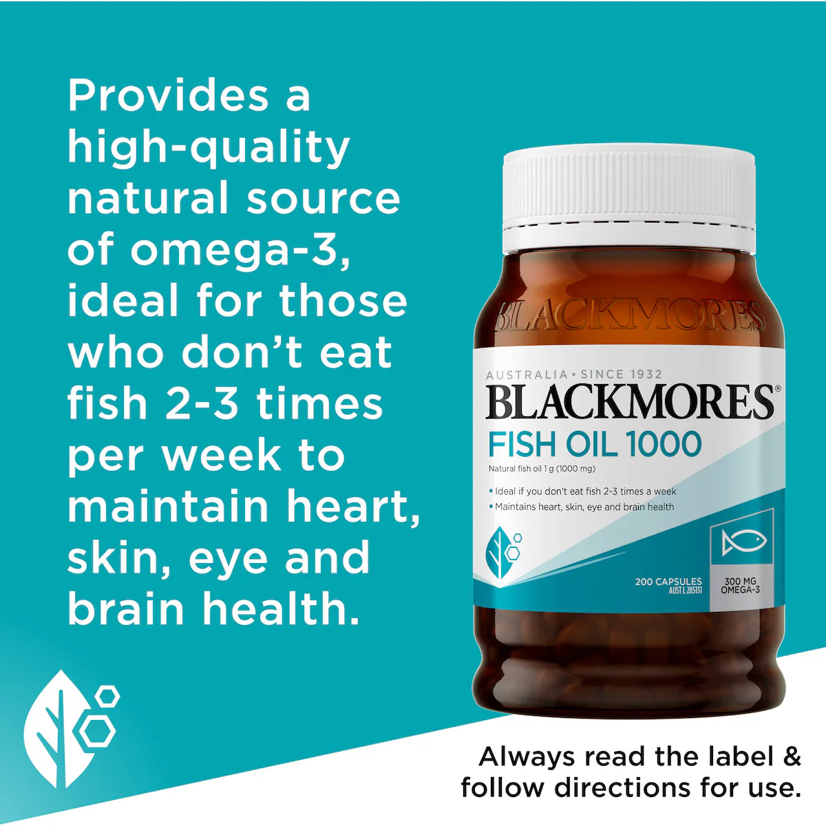 Blackmores Fish Oil 1000mg Omega-3 Capsules 200 pack, front view showcasing the packaging of the supplement, highlighting the product's size, dosage, and branding.
