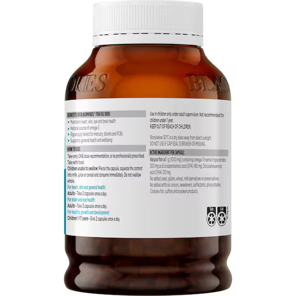 Blackmores Fish Oil 1000mg Omega-3 Capsules 400 pack – High-quality omega-3 supplement for heart and brain health.