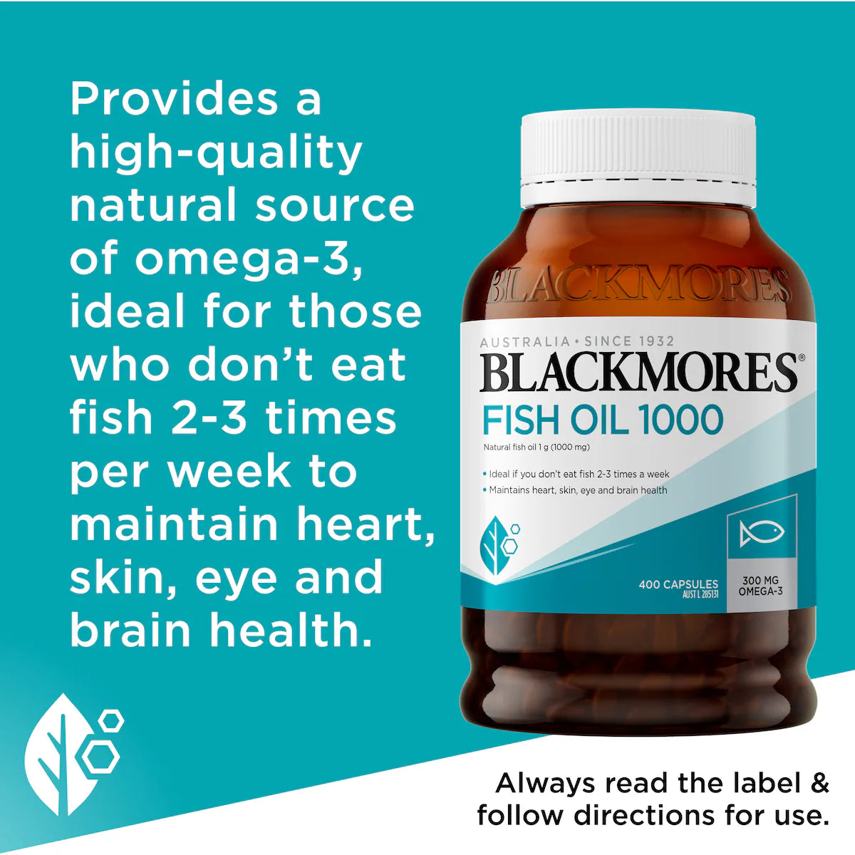 Blackmores Fish Oil 1000mg Omega-3 Capsules 400 pack – High-quality omega-3 supplement for heart and brain health.