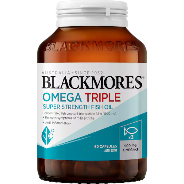 Blackmores Omega Triple High Strength Fish Oil Capsules 60 pack, premium fish oil supplement for heart, brain, and eye health.