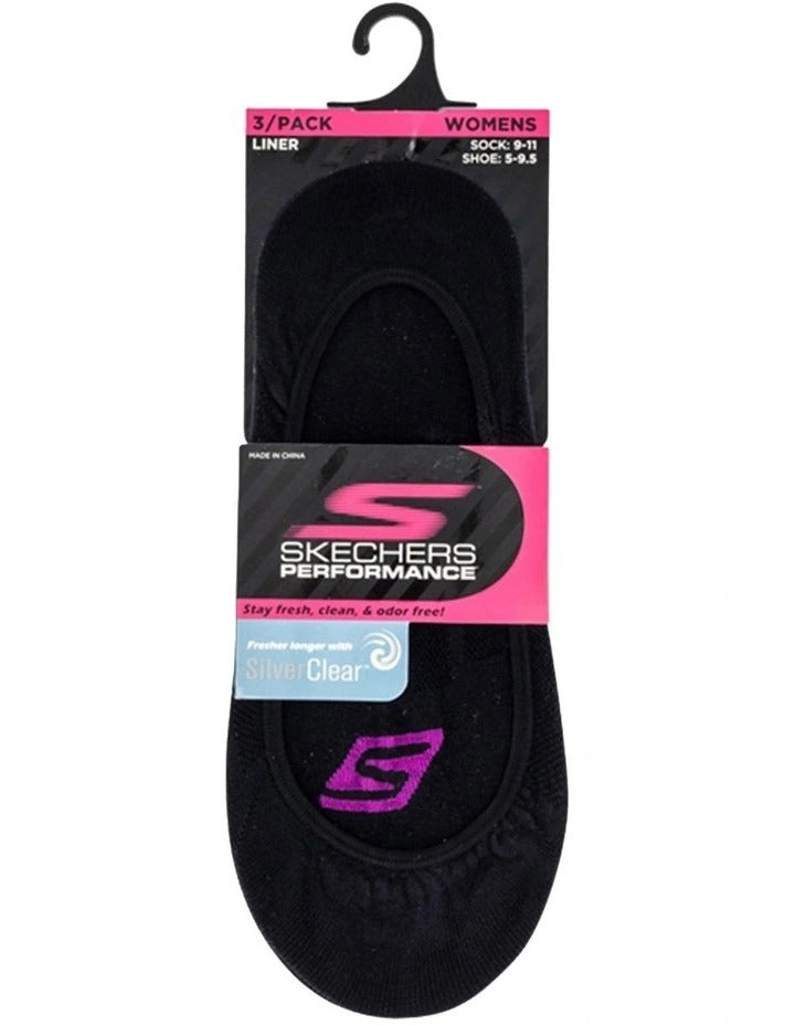 Skechers mesh superlow cushioned liner socks 3 pack black front view